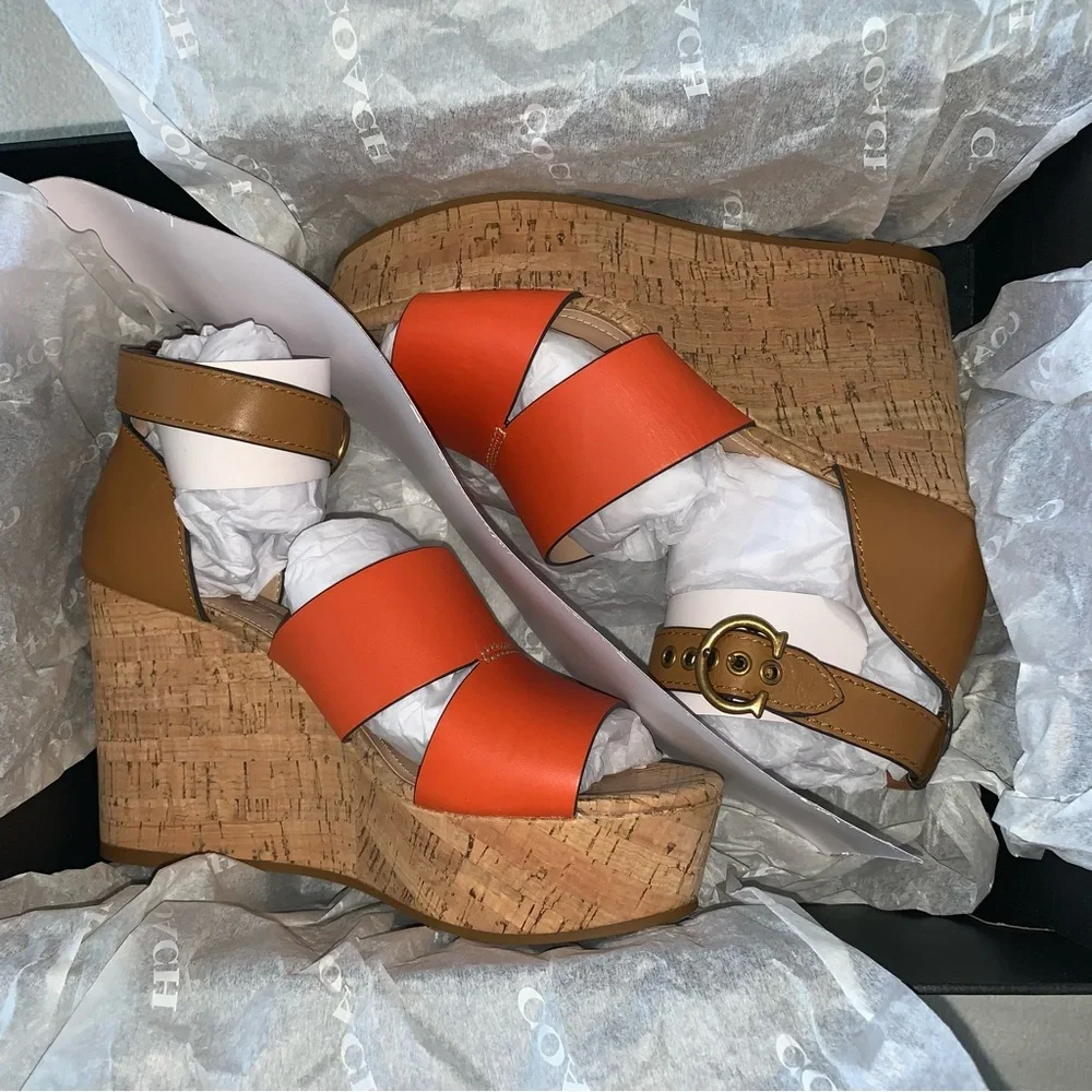NEW! COACH Isla Colorblock Wedges, Leather & Cork, size 8.5, Brand New in Box! - Picture 3 of 16